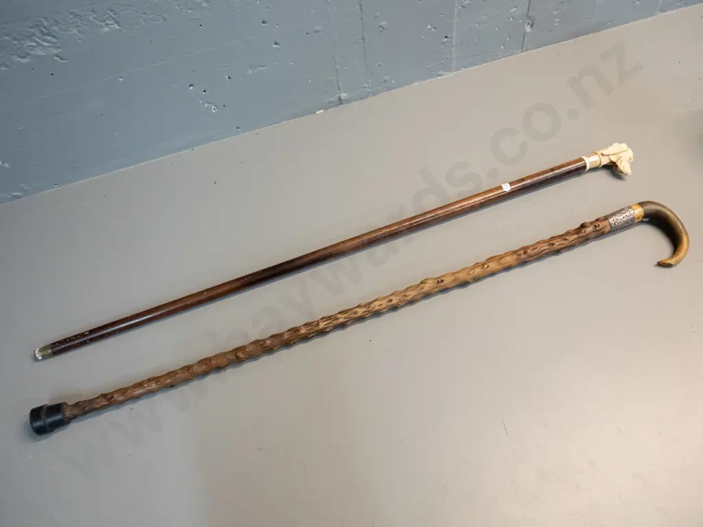 2 walking sticks - one with bone handle & sterling silver band, held on with tape L900 and one with faux bone composite Image 1++