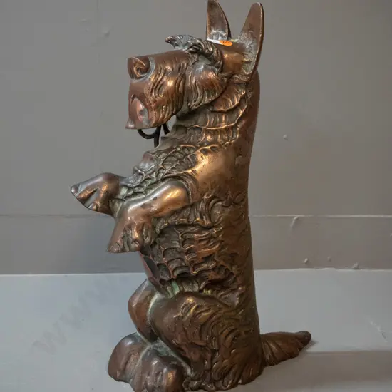 cast brass Scottie dog fireside set with poker and tongs, missing brush H-400 W-250