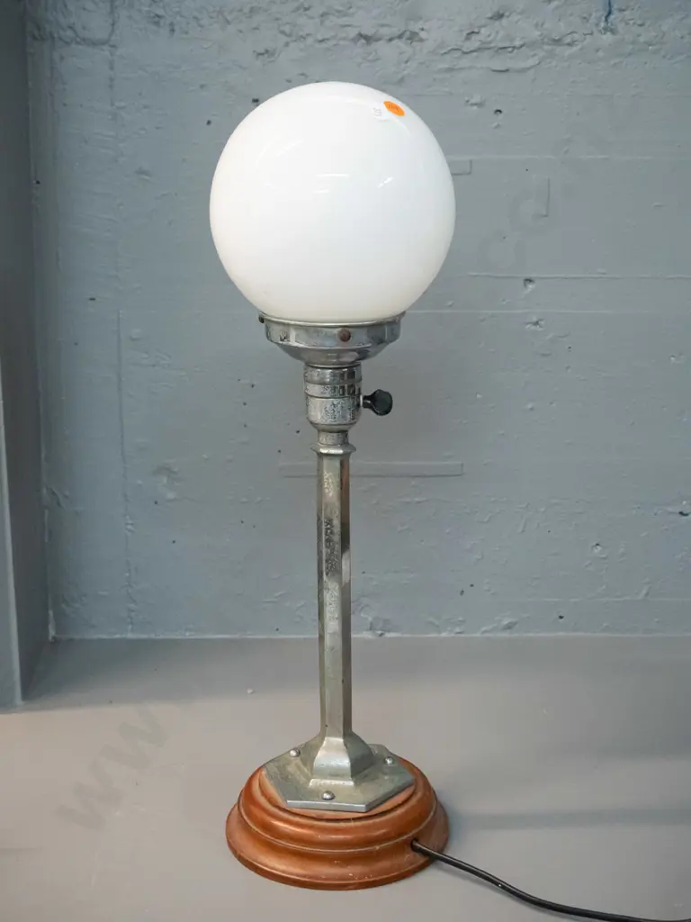 deco table lamp with chrome stand on timber base, milk glass globe shade H-510 Shade D-170 - pitting to chrome, small Image 1++