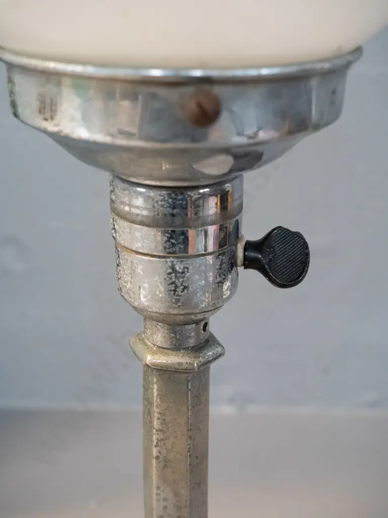 deco table lamp with chrome stand on timber base, milk glass globe shade H-510 Shade D-170 - pitting to chrome, small Image 1++