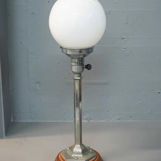 deco table lamp with chrome stand on timber base, milk glass globe shade H-510 Shade D-170 - pitting to chrome, small