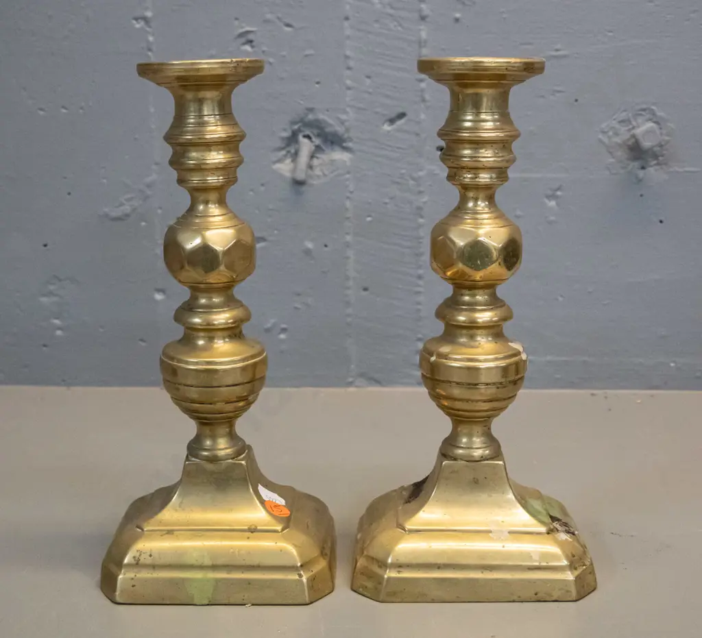 pair of Victorian brass candlesticks - some tarnishing and corrosion, need cleaning, ejectors are jammed H-260 Image 1++