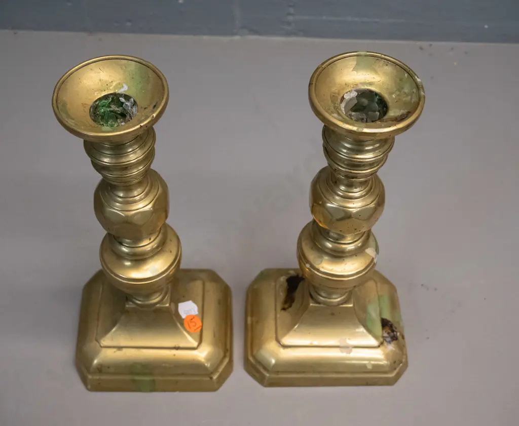 pair of Victorian brass candlesticks - some tarnishing and corrosion, need cleaning, ejectors are jammed H-260 Image 1++