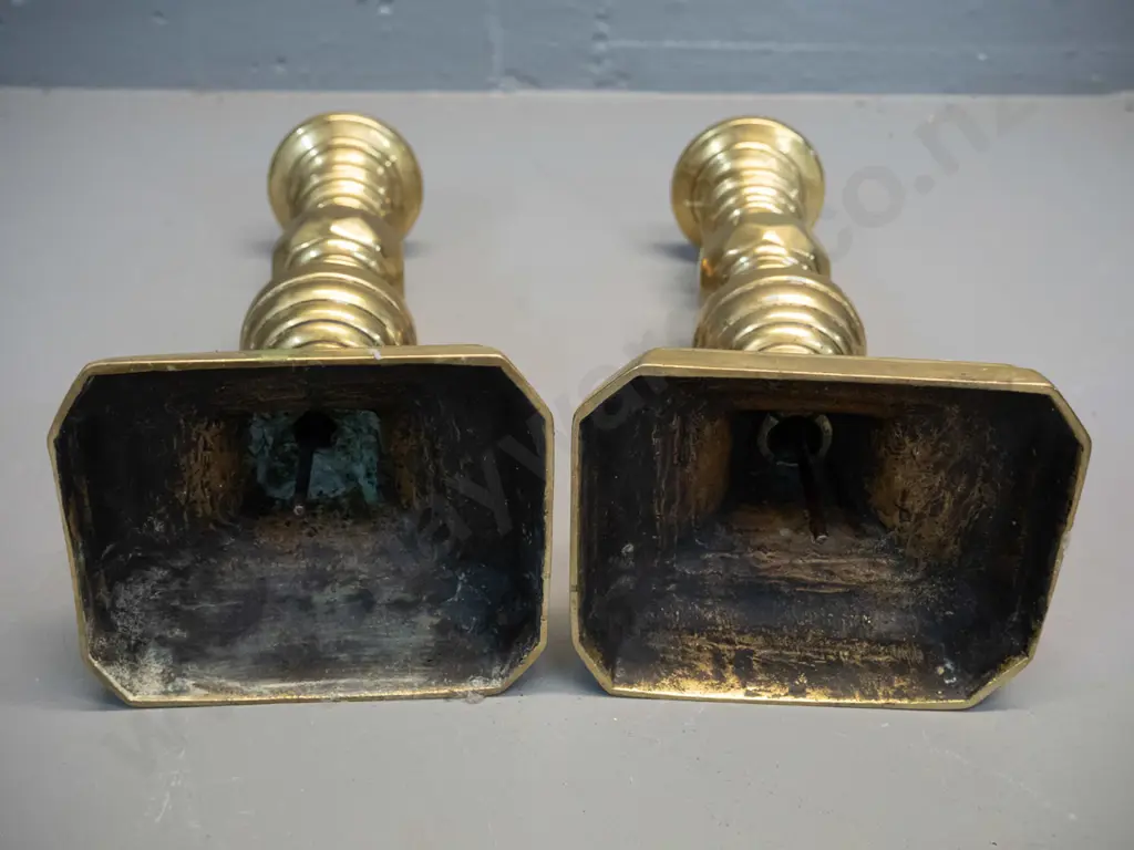 pair of Victorian brass candlesticks - some tarnishing and corrosion, need cleaning, ejectors are jammed H-260 Image 1++