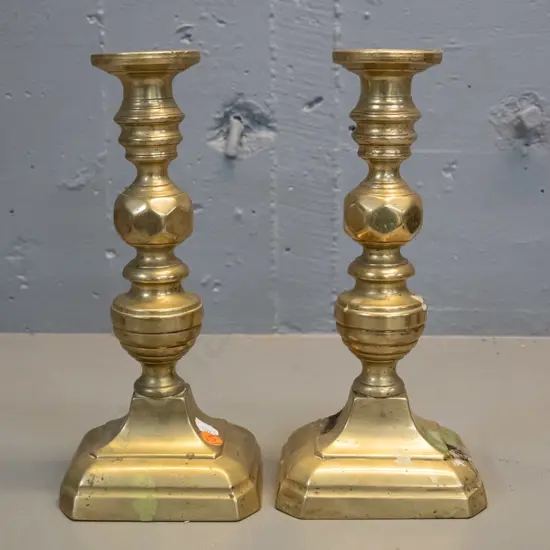 pair of Victorian brass candlesticks - some tarnishing and corrosion, need cleaning, ejectors are jammed H-260
