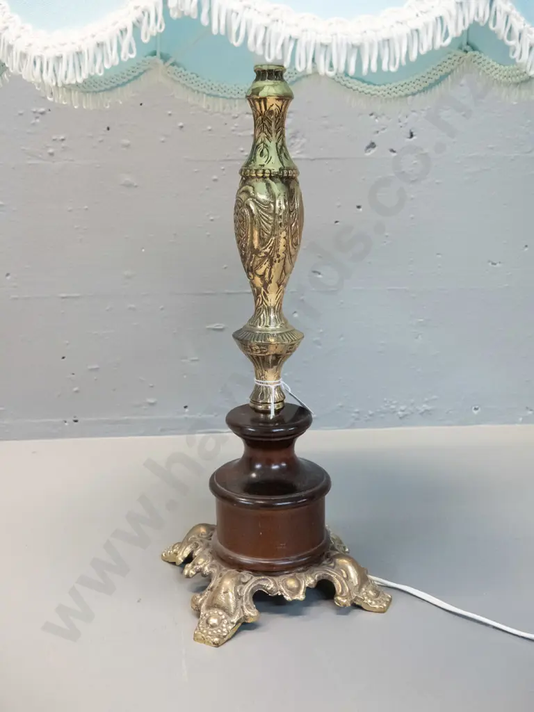 retro brass and dark stained timber table lamp with frilled blue waisted shade H-640 Image 1++