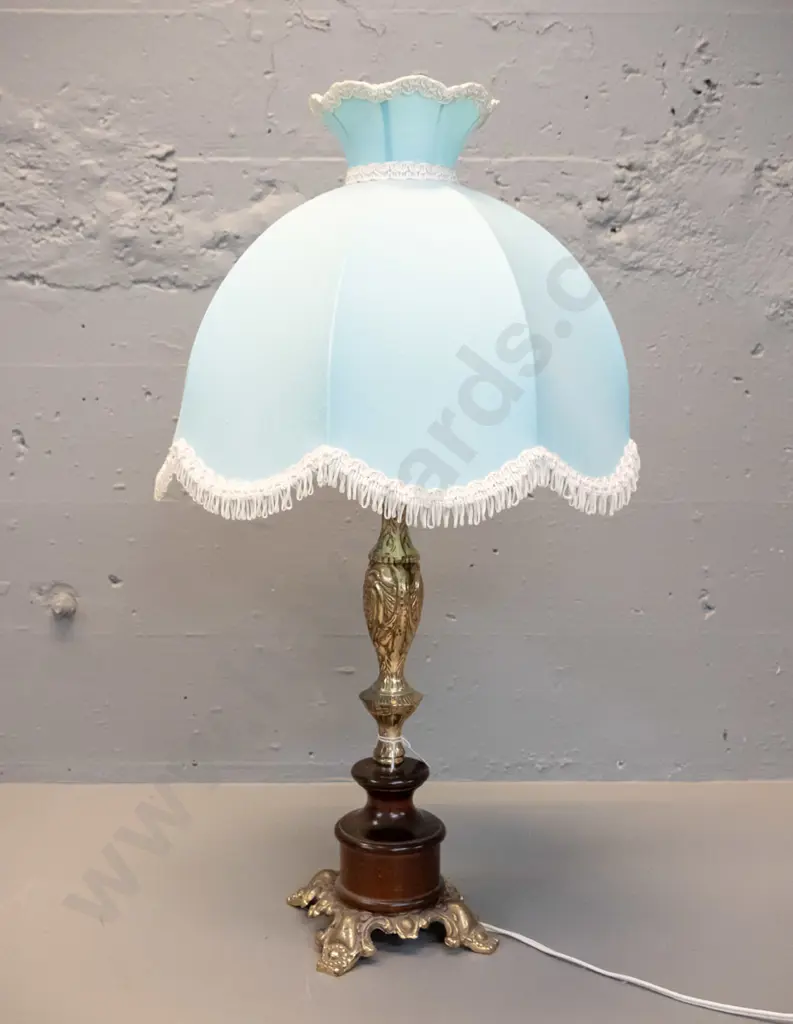 retro brass and dark stained timber table lamp with frilled blue waisted shade H-640 Image 1++