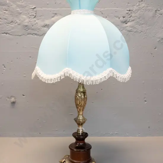 retro brass and dark stained timber table lamp with frilled blue waisted shade H-640
