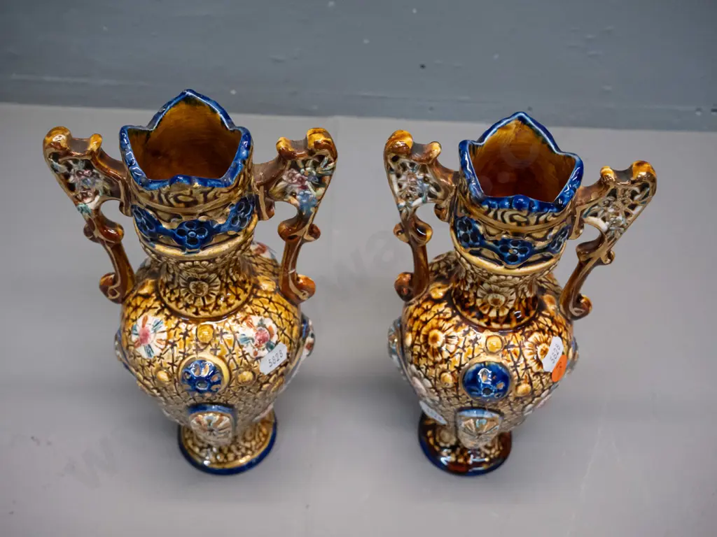 2 deep relief & sgraffito double handled urn vases in majolica colours, marked Alhambrian - one has obvious repair to Image 1++