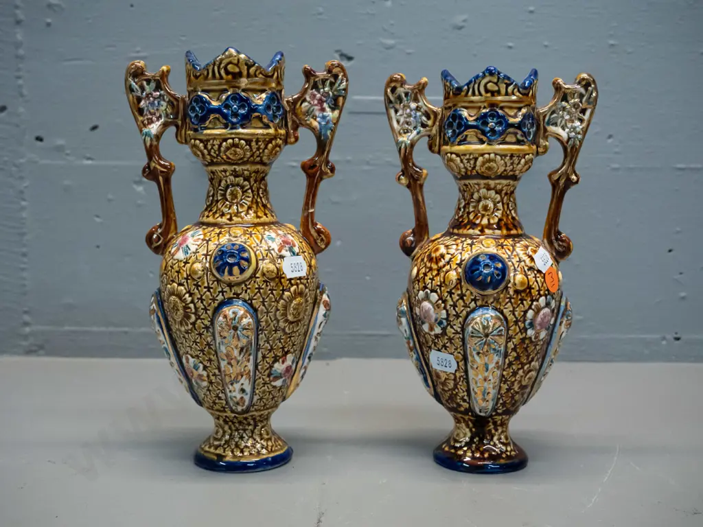 2 deep relief & sgraffito double handled urn vases in majolica colours, marked Alhambrian - one has obvious repair to Image 1++