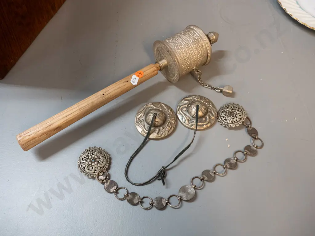 metal and timber prayer wheel and 2 items from Bhutan - clothing clasp with chain made from coins and a pair of small Image 1++