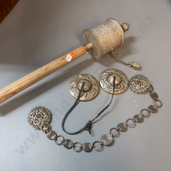 metal and timber prayer wheel and 2 items from Bhutan - clothing clasp with chain made from coins and a pair of small