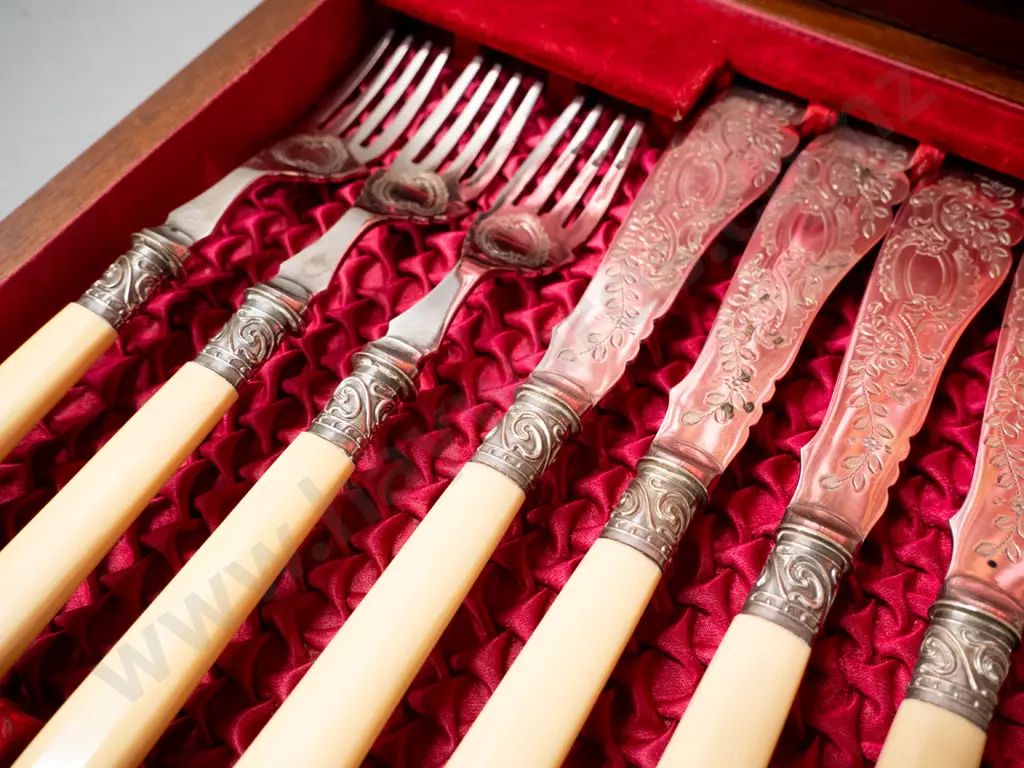 mahogany cased Victorian plated ware bone handled 12 piece fish set - case has no key Image 1++