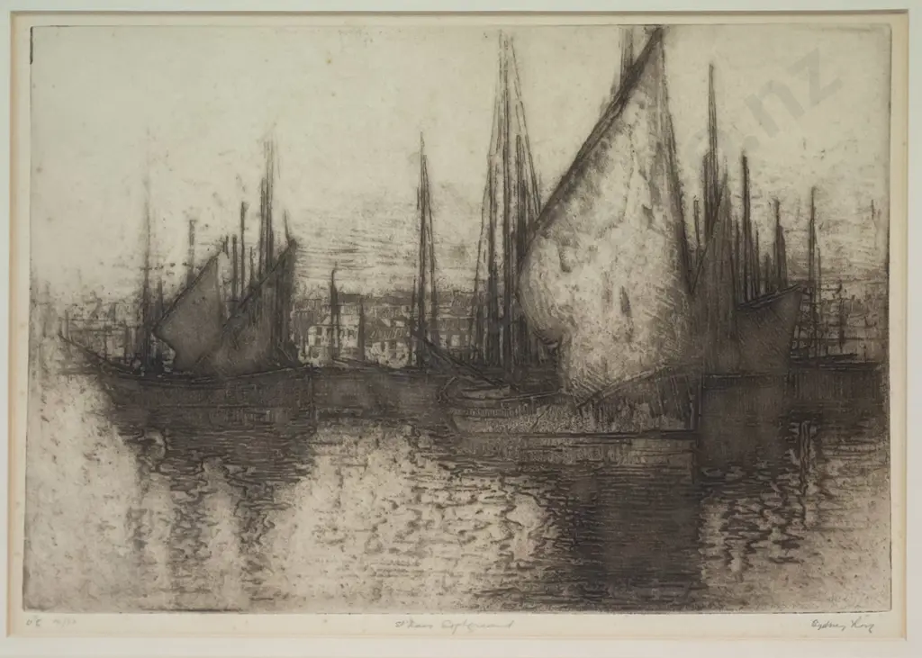 framed etching 16/50 - sailing boats - slight foxing H-200 W-300 Image 1++