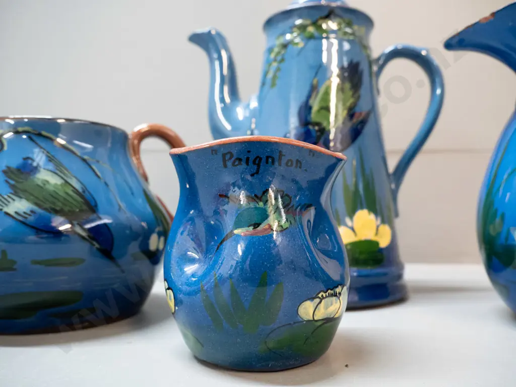 blue glaze kingfisher pattern Torquay ware coffee pot H-210 W-160, cream & sugar and small bowl Image 1++