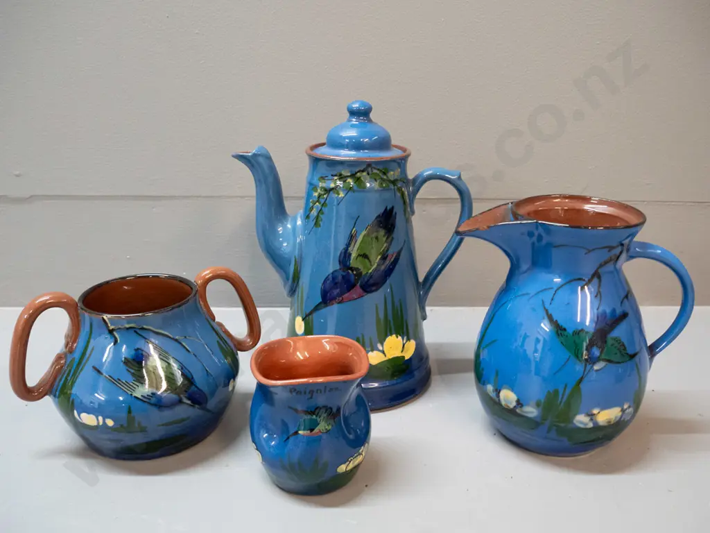 blue glaze kingfisher pattern Torquay ware coffee pot H-210 W-160, cream & sugar and small bowl Image 1++
