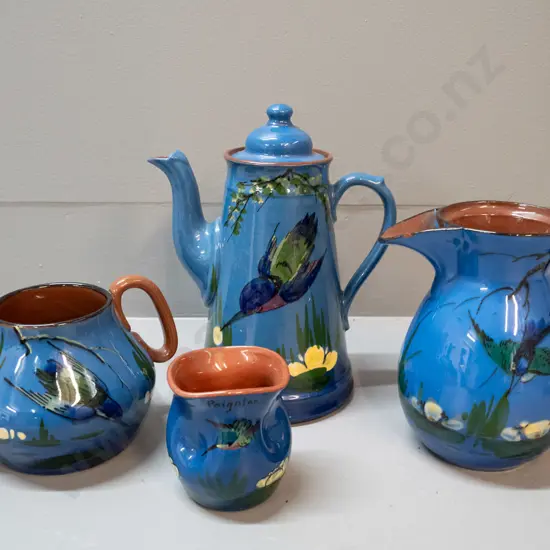 blue glaze kingfisher pattern Torquay ware coffee pot H-210 W-160, cream & sugar and small bowl