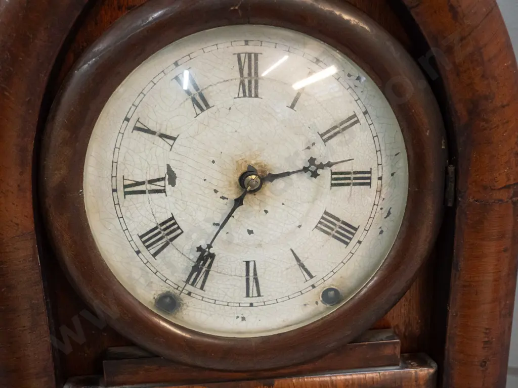 antique cathedral shaped mantel clock with hand painted glass door panel - Ansonia USA / Octagon 8-day clock label Image 1++