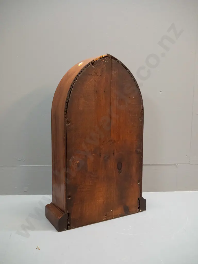 antique cathedral shaped mantel clock with hand painted glass door panel - Ansonia USA / Octagon 8-day clock label Image 1++
