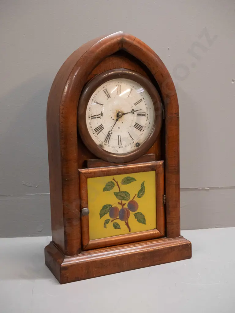 antique cathedral shaped mantel clock with hand painted glass door panel - Ansonia USA / Octagon 8-day clock label Image 1++
