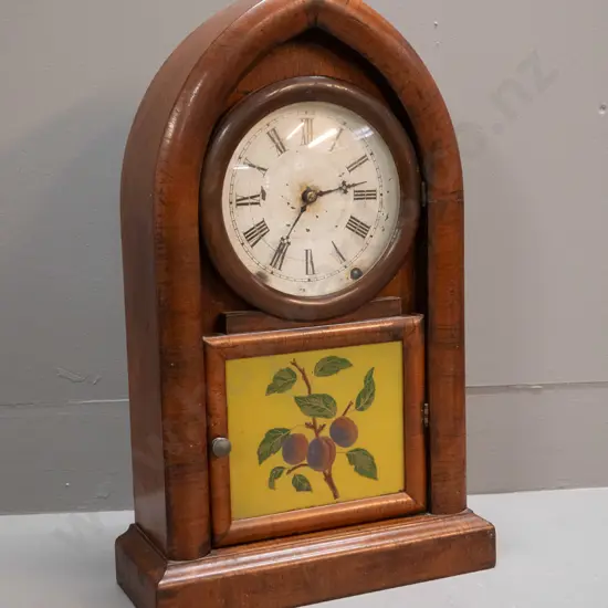 antique cathedral shaped mantel clock with hand painted glass door panel - Ansonia USA / Octagon 8-day clock label