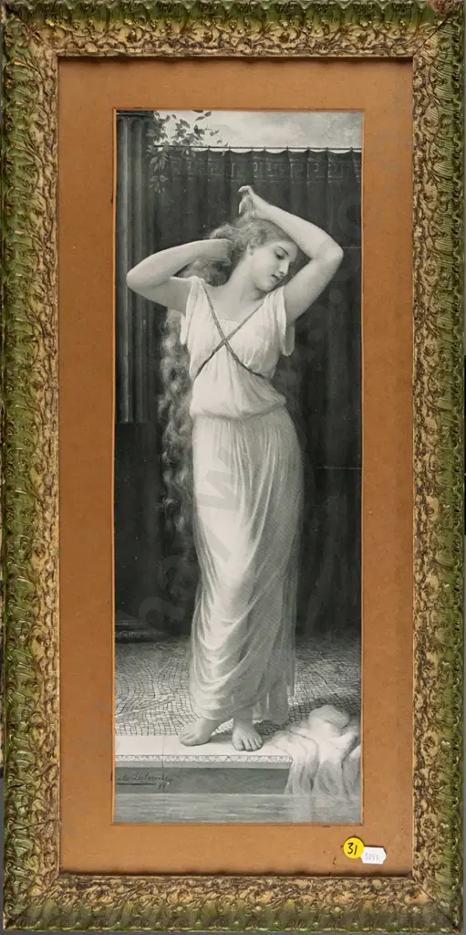 ornate framed vintage print - woman with cascading hair H - 480 W - 170 Image 1++