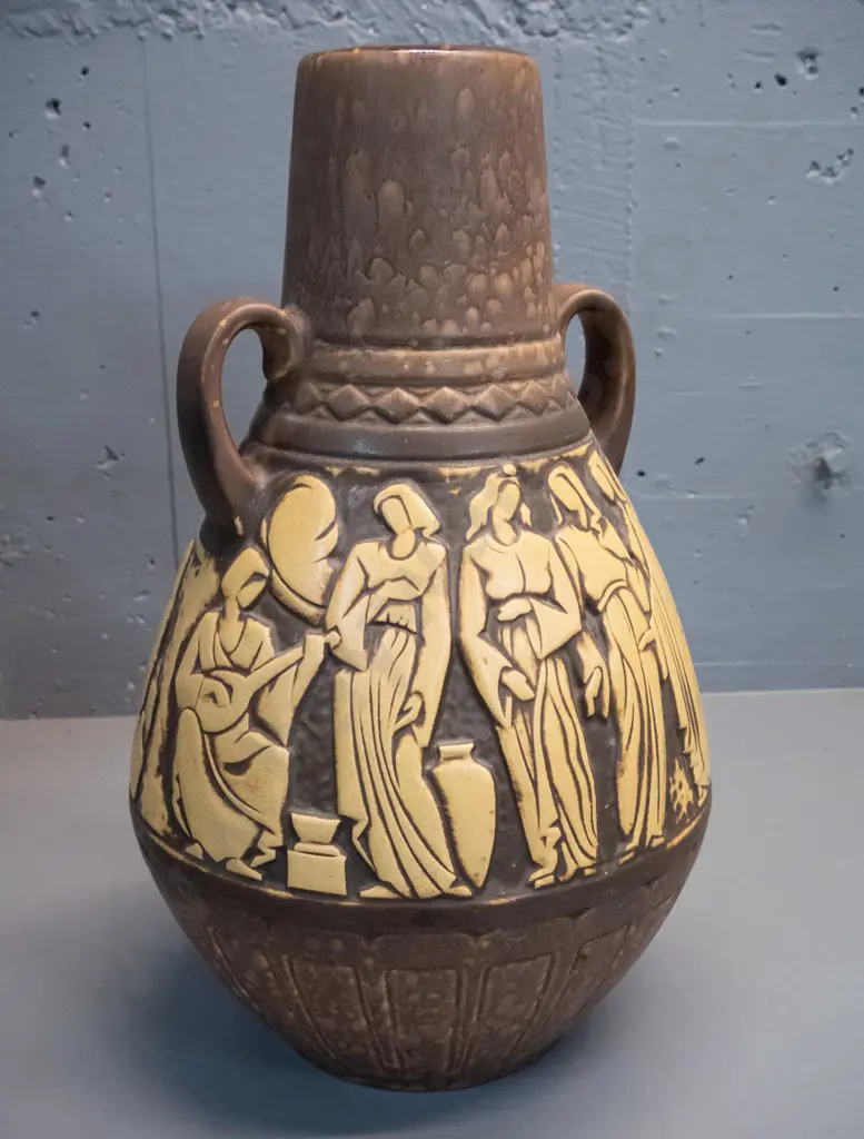 large German pottery handled vase with raised figural band H-480 D-260 at widest Image 1++