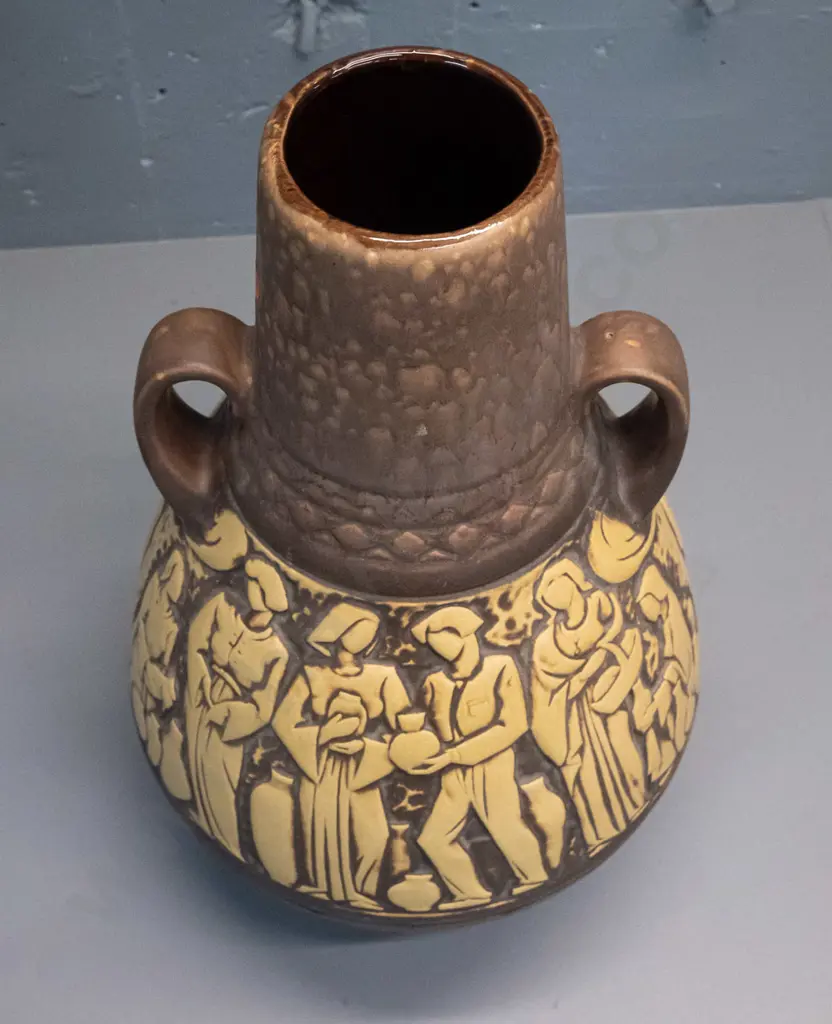 large German pottery handled vase with raised figural band H-480 D-260 at widest Image 1++