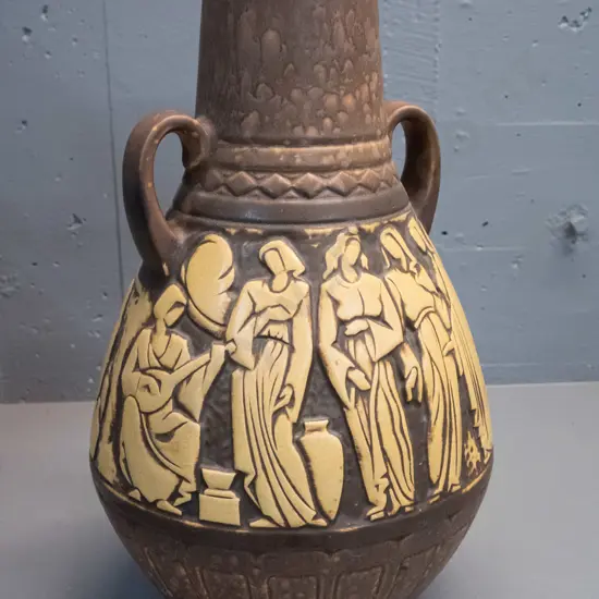 large German pottery handled vase with raised figural band H-480 D-260 at widest