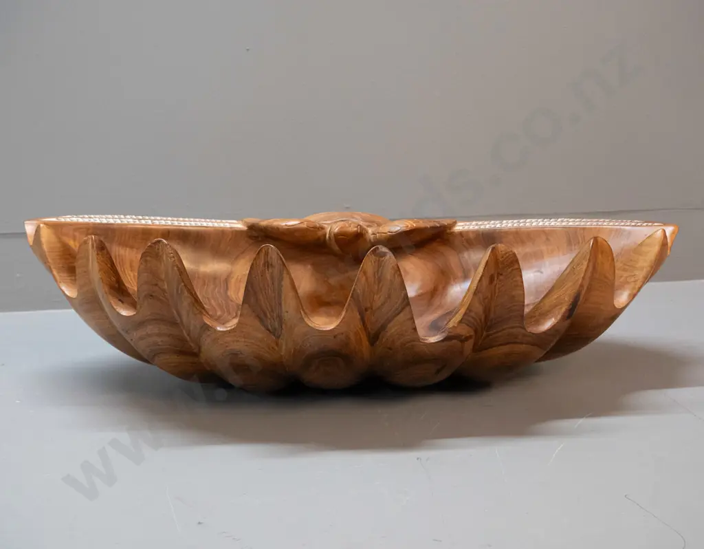 large carved timber bowl with mother of pearl decoration, turtle and shell motifs H-150 L-600 W-340 Image 1++