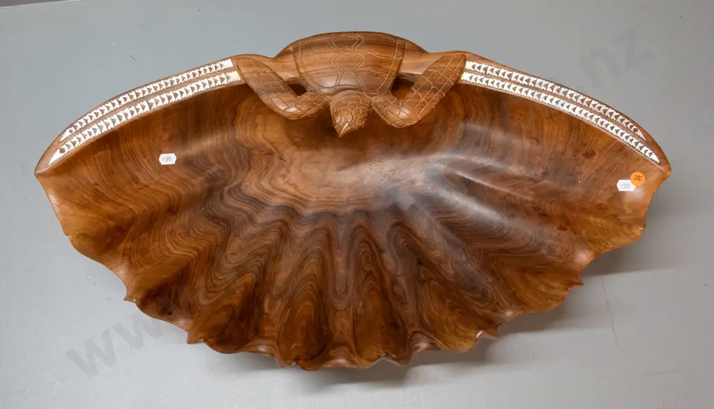 large carved timber bowl with mother of pearl decoration, turtle and shell motifs H-150 L-600 W-340 Image 1++