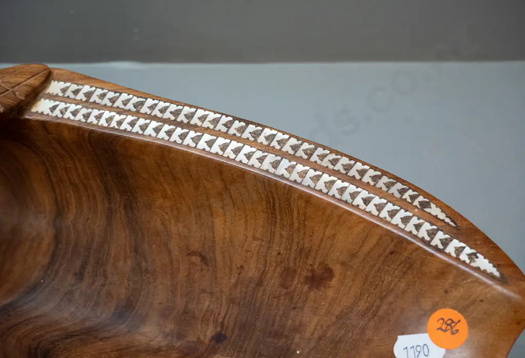 large carved timber bowl with mother of pearl decoration, turtle and shell motifs H-150 L-600 W-340 Image 1++