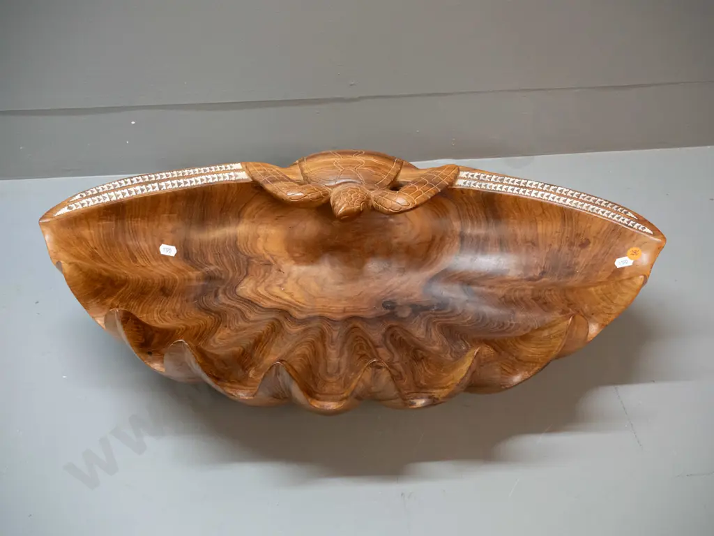 large carved timber bowl with mother of pearl decoration, turtle and shell motifs H-150 L-600 W-340 Image 1++