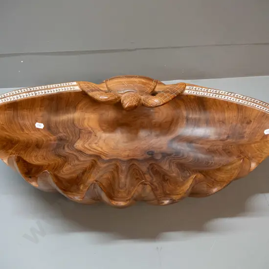 large carved timber bowl with mother of pearl decoration, turtle and shell motifs H-150 L-600 W-340