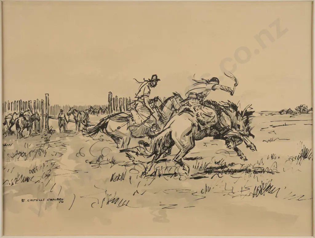 E Castells Capurro '50 - framed print - cowboys H - 250 W - 340 Image 1++