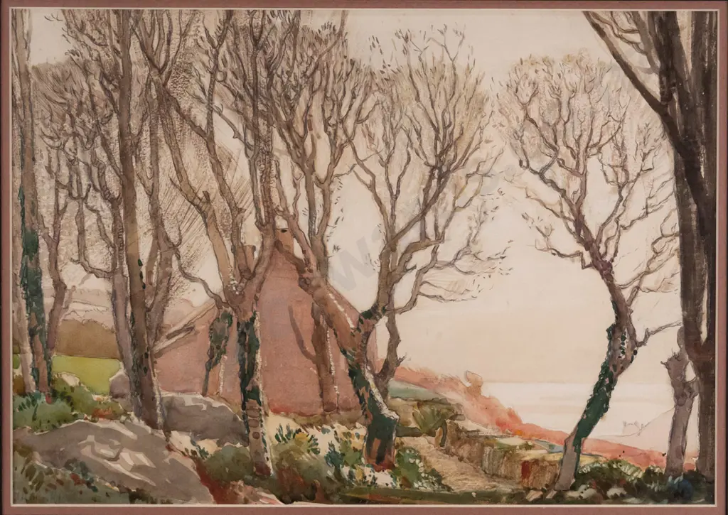 illegible signature - framed watercolour - cottage beyond trees H - 240 W - 330 Image 1++