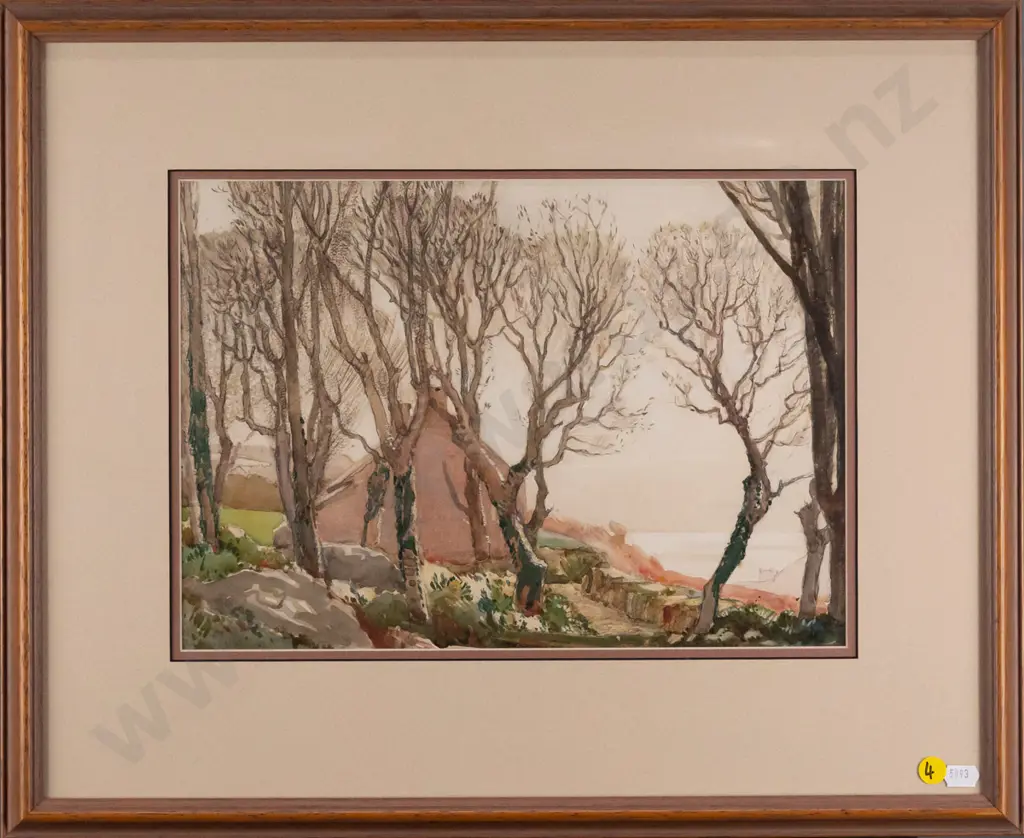 illegible signature - framed watercolour - cottage beyond trees H - 240 W - 330 Image 1++