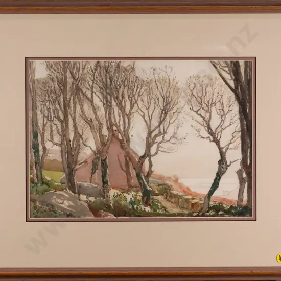 illegible signature - framed watercolour - cottage beyond trees H - 240 W - 330