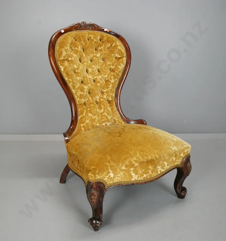 vintage mahogany cab leg lady's chair with carved back crest, gold fabric with deep button pleated back - some chips and Image 1++