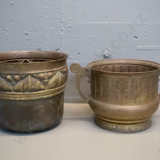 2 deco style pressed brass jardinieres, taller is H-210 D-250, handled one marked Daaldrop Holland,