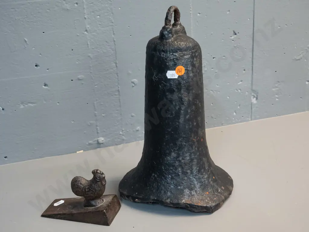 small cast iron rooster door stop L-120 & a heavy cast iron bell with slightly flattened ends, has corrosion and damage Image 1++