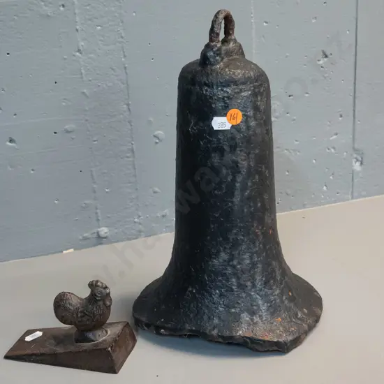 small cast iron rooster door stop L-120 & a heavy cast iron bell with slightly flattened ends, has corrosion and damage