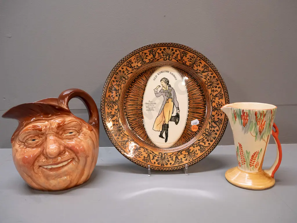 Wadeheath art deco jug, Royal Doulton plate D-270 and a Royal Doulton John Barleycorn character jug Image 1++