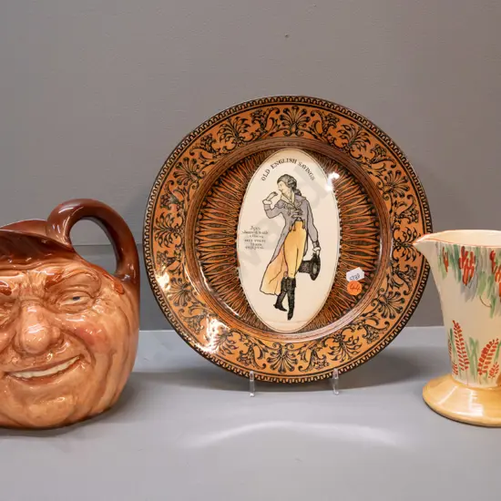 Wadeheath art deco jug, Royal Doulton plate D-270 and a Royal Doulton John Barleycorn character jug