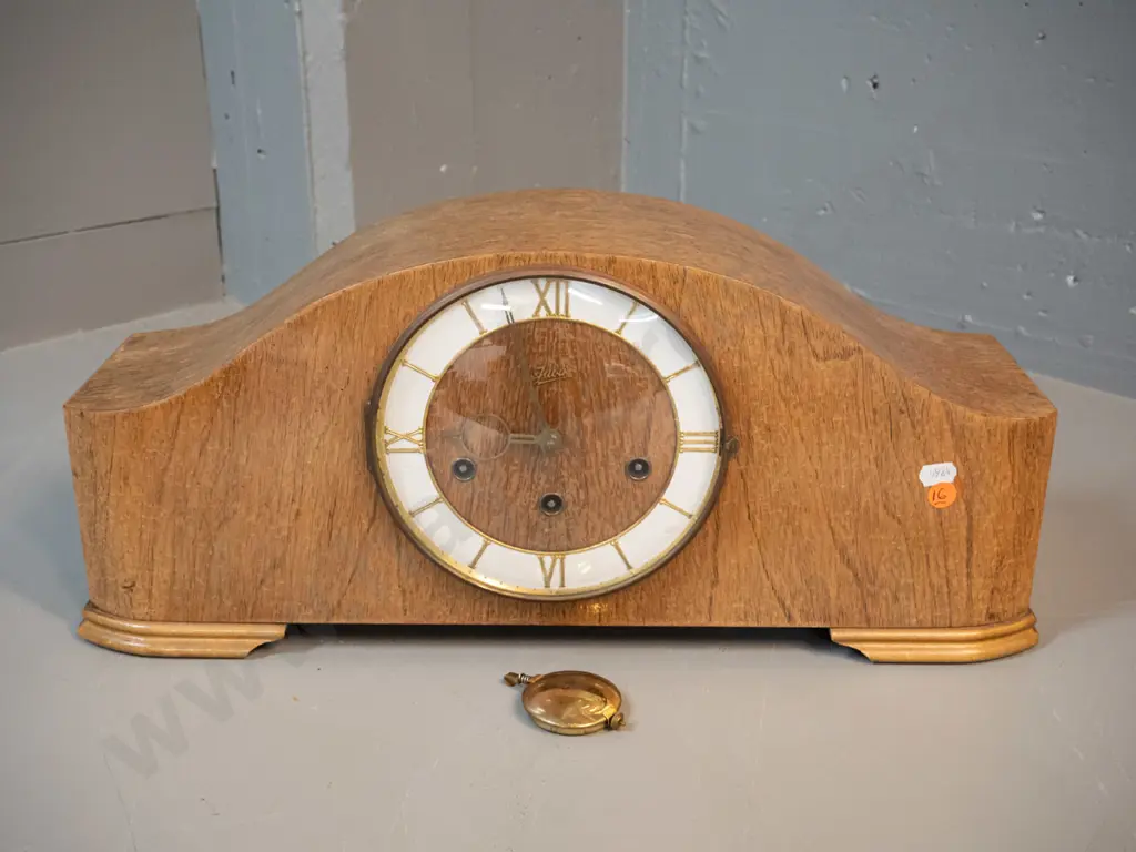 deco style walnut cased "Juba" chiming mantel clock - made in Germany, with pendulum and key - crazing to polish H225 Image 1++