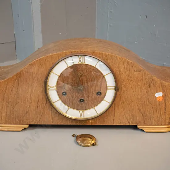 deco style walnut cased "Juba" chiming mantel clock - made in Germany, with pendulum and key - crazing to polish H225
