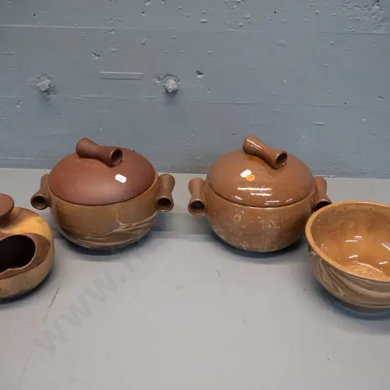 4 Te Rona NZ pottery items - 2 lidded casseroles H-185 W-240, bowl and salt pig