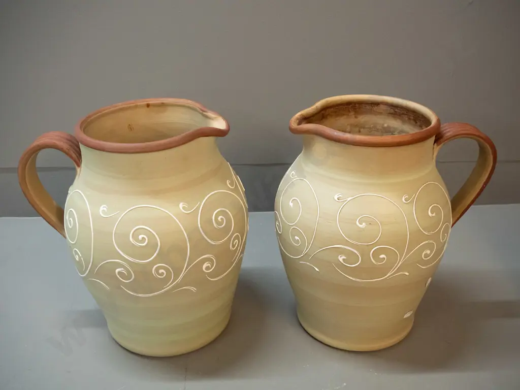 2 very large Denby jugs with white raised scroll decoration H-320 W-300 at handle - one has some staining inside rim, Image 1++