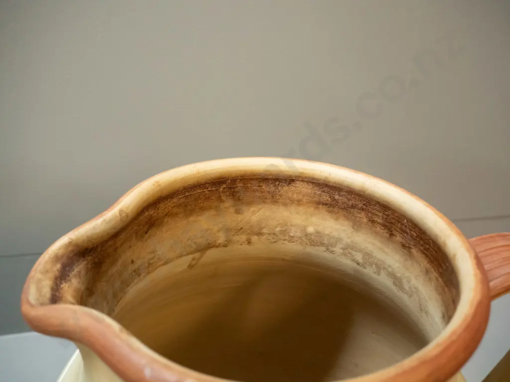 2 very large Denby jugs with white raised scroll decoration H-320 W-300 at handle - one has some staining inside rim, Image 1++