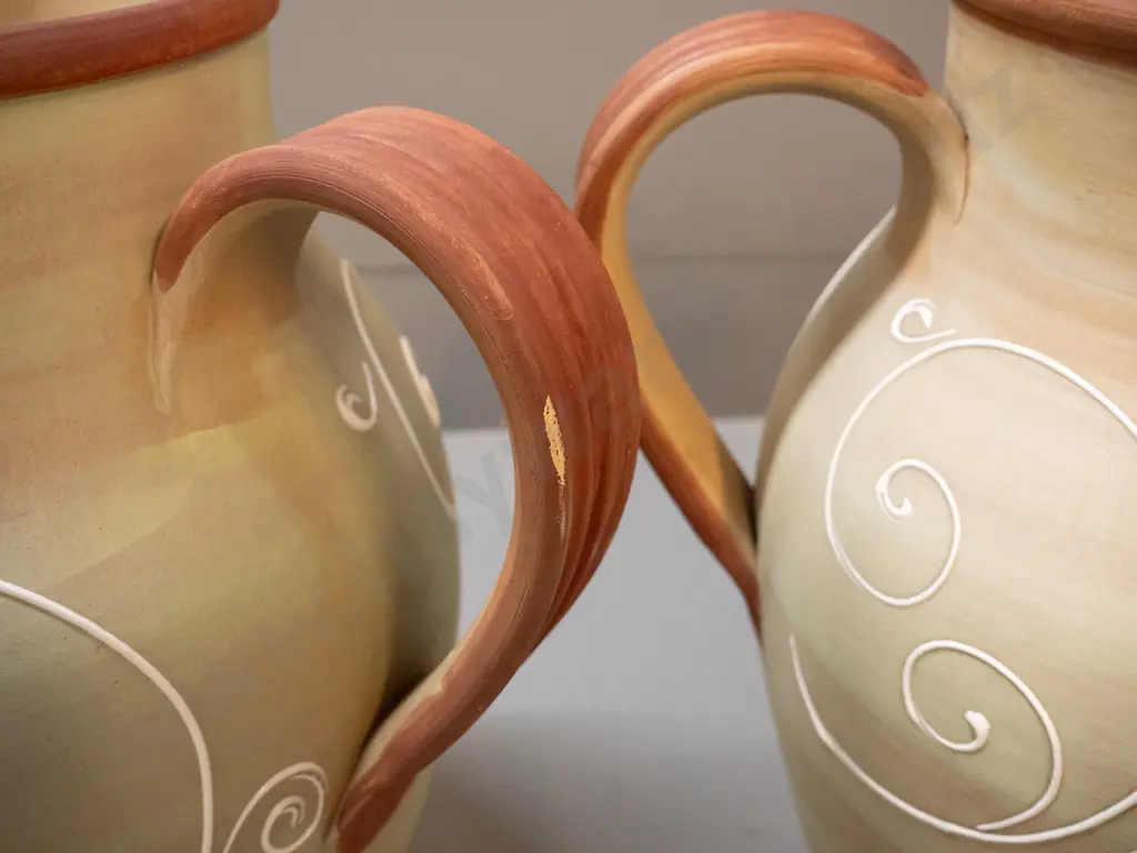 2 very large Denby jugs with white raised scroll decoration H-320 W-300 at handle - one has some staining inside rim, Image 1++